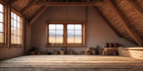 Empty attic space with wood beams and a window.