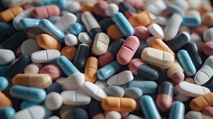 Mixed medication tablets and capsules displayed on a surface.