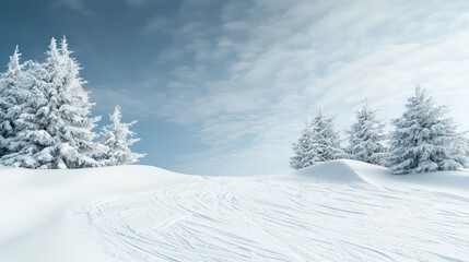 Obraz premium A snowy landscape with a blue sky and trees covered in snow. The scene is peaceful and serene, with the snow-covered ground and trees creating a sense of calmness