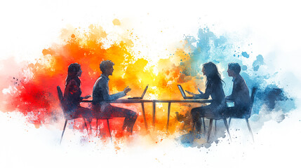Creative Collaboration: Vibrant Watercolor Illustration of People Sharing Innovative Ideas