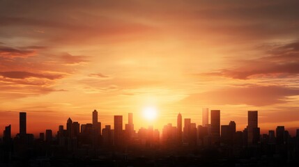 Fototapeta premium A city skyline is lit up by the sun as it sets. The sky is filled with clouds, creating a moody atmosphere