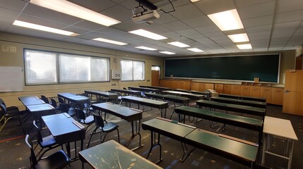view of empty class room from back of the room student desk in foreground 