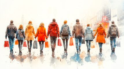 Obraz premium Serene Shopping Day: Friends and Families in Soft Watercolor Style