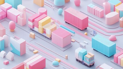 Fototapeta premium 3D rendering, top view, logistics network, import-export, pastel color and flat design for trade