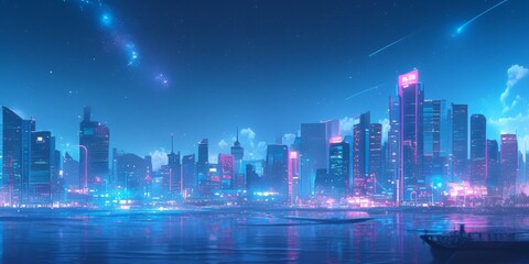 Fototapeta premium Anime-Inspired Cityscape at Night: Vibrant Autumn Urban Skyline with Glowing Skyscrapers Mirrored in River. Dreamy Cosmic Background with Twinkling Stars and Nebula in Rich Blues and Purples. AI-Gener