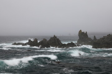 A rocky shoreline on the Atlantic Ocean  in The Dungeon Provincial Park, Bonavista Peninsula Newfoundland and Labrador, Canada.