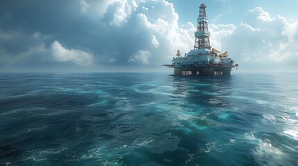 Obraz premium A drilling platform stands in serene waters under a cloudy sky, highlighting industrial activity at sea.