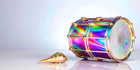 Holographic Drum and Conch with Sound Text concept as A dynamic photo featuring a glowing holographic drum and conch symbolizing the sound of celebration during Dussehra. The design includes ample cop