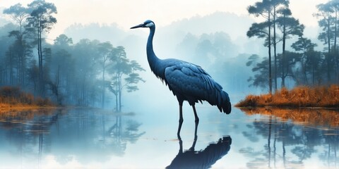 Double exposure silhouette of a blue crane with forest in the background.