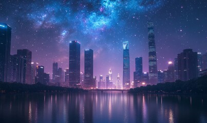 Fototapeta premium Anime-Inspired Cityscape at Night: Vibrant Autumn Urban Skyline with Glowing Skyscrapers Mirrored in River. Dreamy Cosmic Background with Twinkling Stars and Nebula in Rich Blues and Purples. AI-Gener