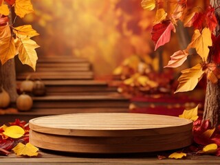 autumn composition with empty podium stand and red and yellow leaves
