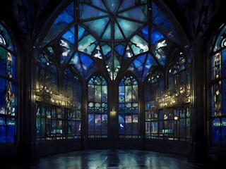 Fototapeta premium ゲーム背景 万華鏡のように壮大なステンドグラスがある宮殿ホールの屋根を見上げる風景 