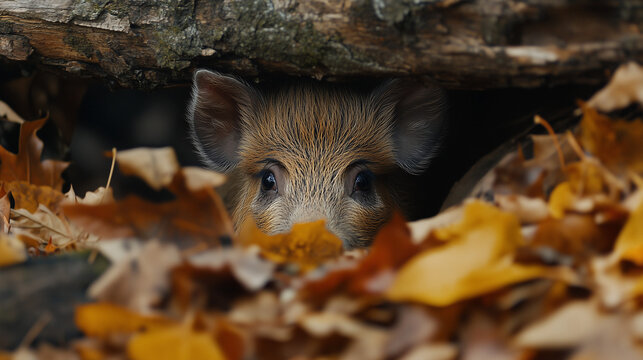 Młody dzik wychyla się spośr&oacute;d opadłych liści i uważnie przygląda się otoczeniu w lesie, częściowo ukryty za drewnianym pniem.