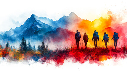 Fototapeta premium Vibrant Watercolor Exploration - People Hiking in Colorful Wilderness Adventure.