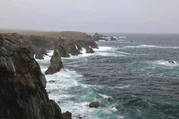 A rocky shoreline on the Atlantic Ocean  in The Dungeon Provincial Park, Bonavista Peninsula Newfoundland and Labrador, Canada.