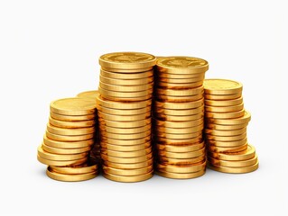 Golden Coins Stacked in Towering Piles, Symbolizing Prosperity and Financial Abundance isolated on white background