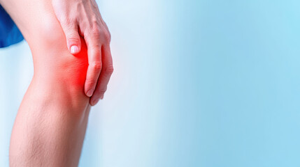 Close-up of a person holding their knee in pain, indicating injury or discomfort with a soft blue background
