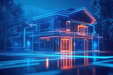 Smart home hub, holographic security interface, elegant contemporary house, blue neon accents, No logo, No Trademark, No text, minimal concept with copy space for stock photo