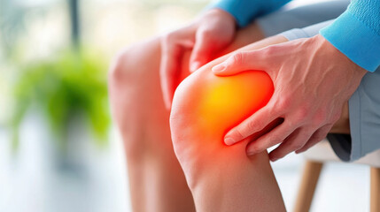 Close-up of a person holding their knee in discomfort, indicating joint pain or injury in a bright indoor setting