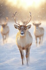 A whimsical gathering of reindeer frolicking in the snow, embodying the magic of winter festivities