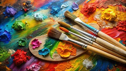 Fototapeta premium Vibrant oil paint colors on artist's palette with variety of brushes