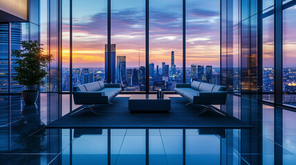 Przestronne, nowoczesne biuro z eleganckim wyposażeniem i najnowszymi technologiami. Z ogromnych okien rozciąga się spektakularny widok na miejską panoramę o zmroku.