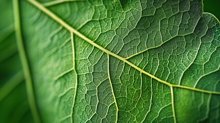 Obraz premium Stunning Macro Close-up of a Lush Green Leaf with Intricate Veins, Nature's Artwork in a Vibrant Banner Format, Symbolizing Life and Growth