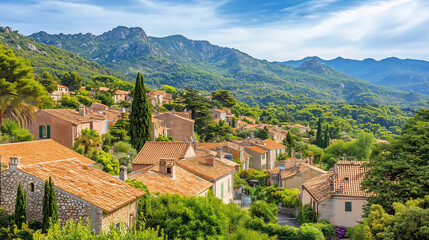 Obraz premium Urokliwa wioska śródziemnomorska, z charakterystycznymi terakotowymi dachami, otoczona zielenią i górami w tle, prezentująca idylliczny krajobraz pod błękitnym niebem.