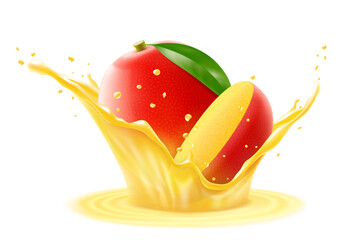 Fresh ripe exotic mango falls into a splash of juice, isolated .on white background. Realistic 3d vector illustration. Summer tropical vitamin food or drink. Mango smoothie splash, vitamin cocktail