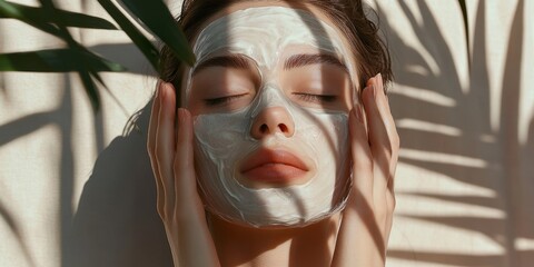 A photorealistic image of a woman applying a luxurious face mask, her eyes closed, radiating a sense of calm and rejuvenation.