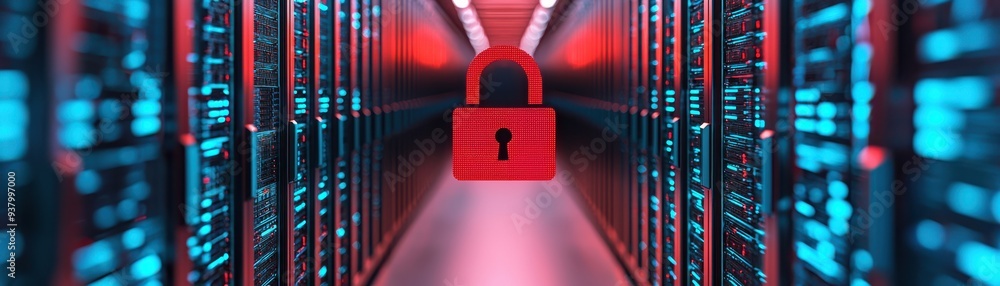 Poster a digital security concept featuring a padlock in a vibrant data center filled with glowing servers 