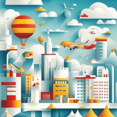 Obraz premium a colorful illustration of a city with buildings and balloons