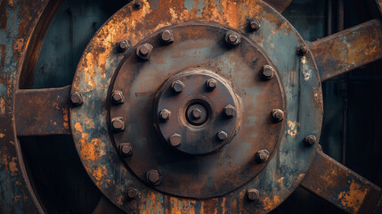 Bliskie ujęcie dużego, zardzewiałego koła przemysłowego z wyraźnymi śrubami, znajdującego się w opuszczonej fabryce.