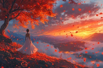 a woman stands on a hill overlooking the sunset