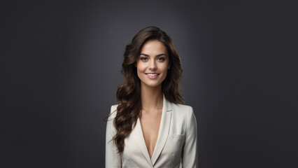 Fototapeta premium A captivating image of a beautiful brunette woman with a friendly smile. Her natural makeup and healthy skin create a timeless and elegant look