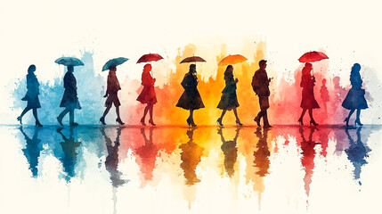 Vogue in Watercolors: Stylish Individuals Posing Artistically in a Vibrant Scene
