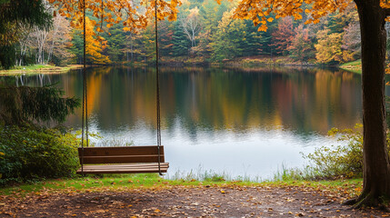 Cicha, jesienna scena z drewnianą huśtawką, która stoi pusta przy spokojnym jeziorze, w otoczeniu żywej zieleni i jaskrawych kolorów opadłych liści.