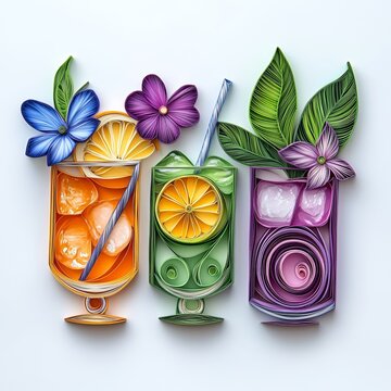 Quilling art of colorful beverages with intricate paper details.