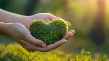 Two hands gently cradling a heart-shaped clump of vibrant green moss, bathed in soft, warm sunlight.