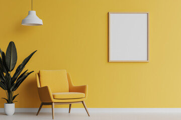 Bright yellow interior featuring a cozy chair, plant, and empty frame for artwork. Perfect for modern living space design.