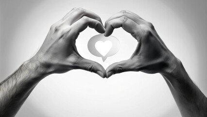 Obraz premium Romantic illustration of human hands forming a heart shape with a chat bubble, in black and white filter, set against a crisp white background.