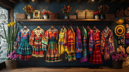 Fototapeta premium Mexican Hispanic folklore beautiful dress with skirt swirling with all its vibrancy of colors.