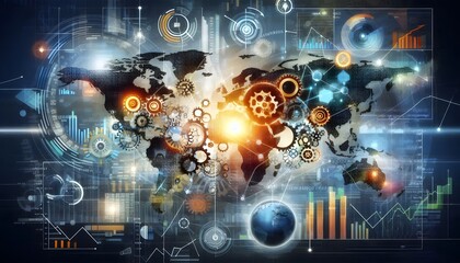 Abstract depiction of global economy symbols interconnected by policy gears, concept of international economic strategy generativeAi