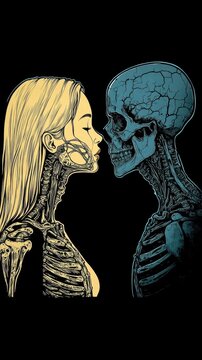 two skeletons kissing in front of a black background