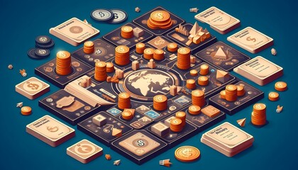 Abstract depiction of global economy symbols interconnected by policy gears, concept of international economic strategy generativeAi