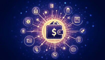 Digital wallet icon surrounded by a network of interconnected devices, illustrating the seamless integration across platforms, Wallet icon network devices, Connected finance,generative Ai