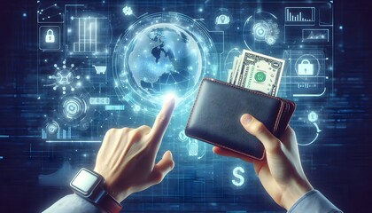 Digital wallet icon surrounded by a network of interconnected devices, illustrating the seamless integration across platforms, Wallet icon network devices, Connected finance,generative Ai