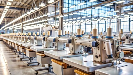 Naklejka premium Row of industrial sewing machines lined up in a modern factory, with rolls of fabric and threads scattered around, depicting busy textile production process.