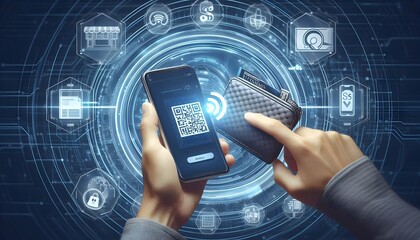 Digital wallet icon surrounded by a network of interconnected devices, illustrating the seamless integration across platforms, Wallet icon network devices, Connected finance,generative Ai