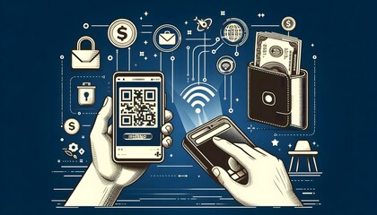Digital wallet icon surrounded by a network of interconnected devices, illustrating the seamless integration across platforms, Wallet icon network devices, Connected finance,generative Ai